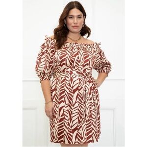 Eloquii Elements dress red white animal print trapeze off the shoulder ties